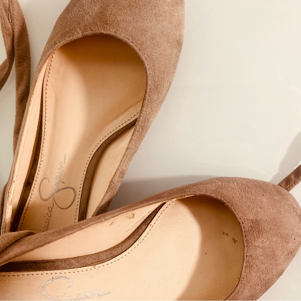 Jessica Simpson Tan Suede Ballet Flats Size 61/2M Straps Comfy Round Toe Ballet - Picture 12 of 12